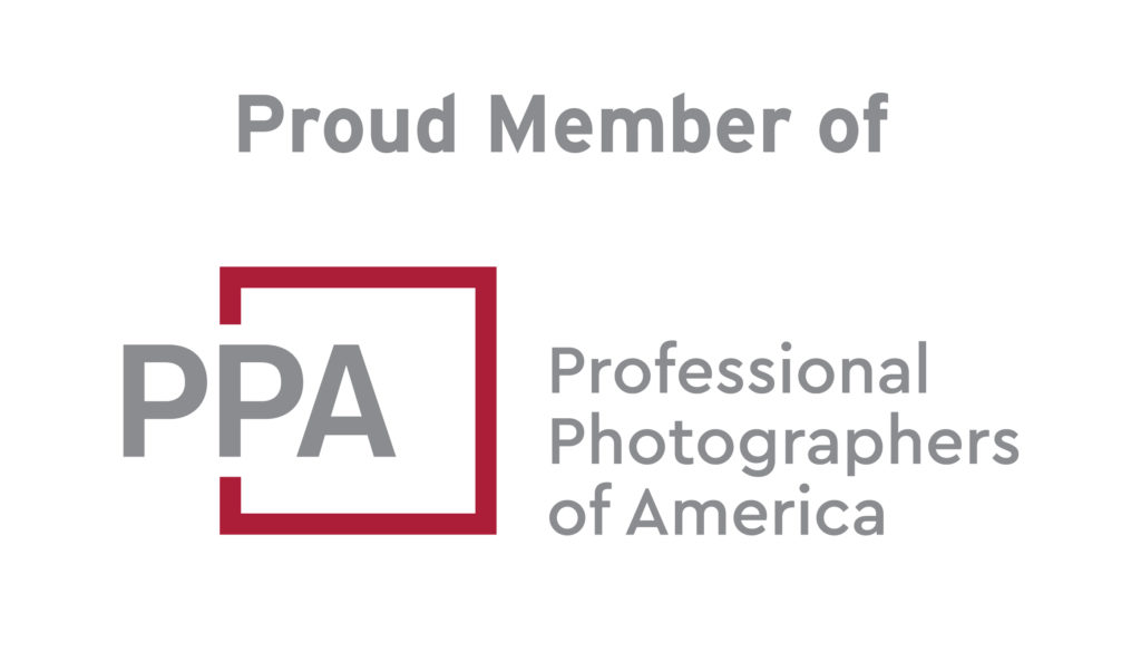 Grey text reads "Proud Member of" followed by a red outline of a square containing the letters PPA. To the left in grey are the words Professional Photographers of America
