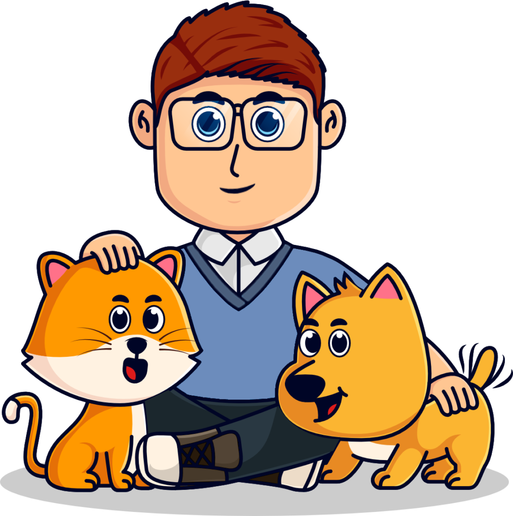 graphic drawing of a man with short red hair and glasses sitting cross-legged and petting an orange cat and a yellow dog.  The two animals have comically large heads.