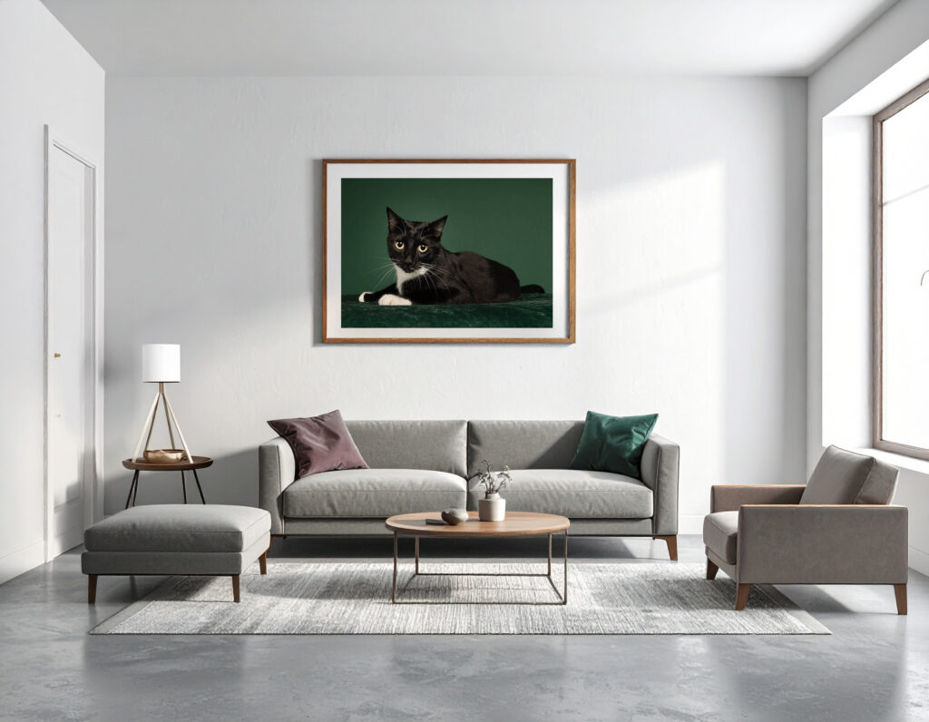 A view into a living room. White walls and a polished concrete floor play host to a grey sectional couch with deep red and green throw pillows.  Above the couch is a framed portrait of tuxedo cat lying on a dark green background. 
