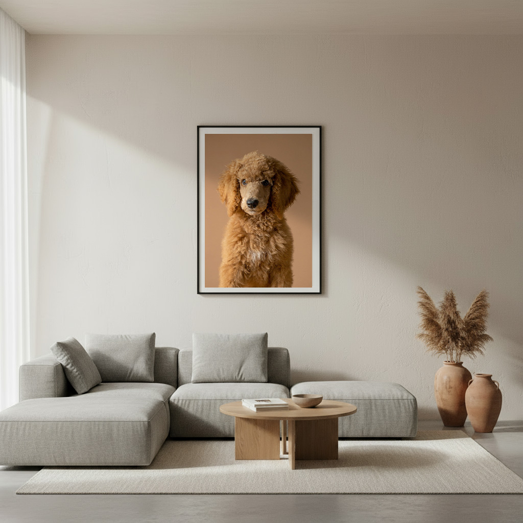 A view into a living room. White walls and a polished concrete floor play host to a grey sectional couch with throw pillows. Above the couch is a framed portrait of brown poodle set against a dark tan background.